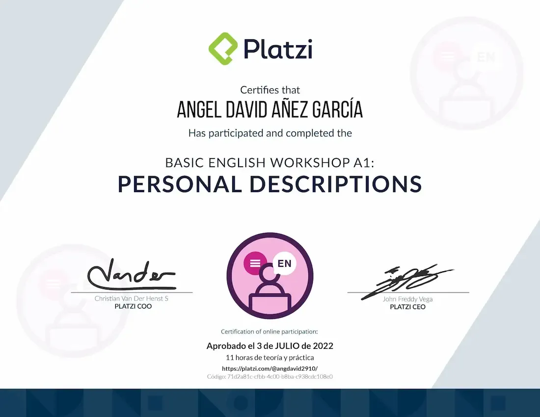 Platzi - Taller de Inglés Básico A1, Descripciones Personales